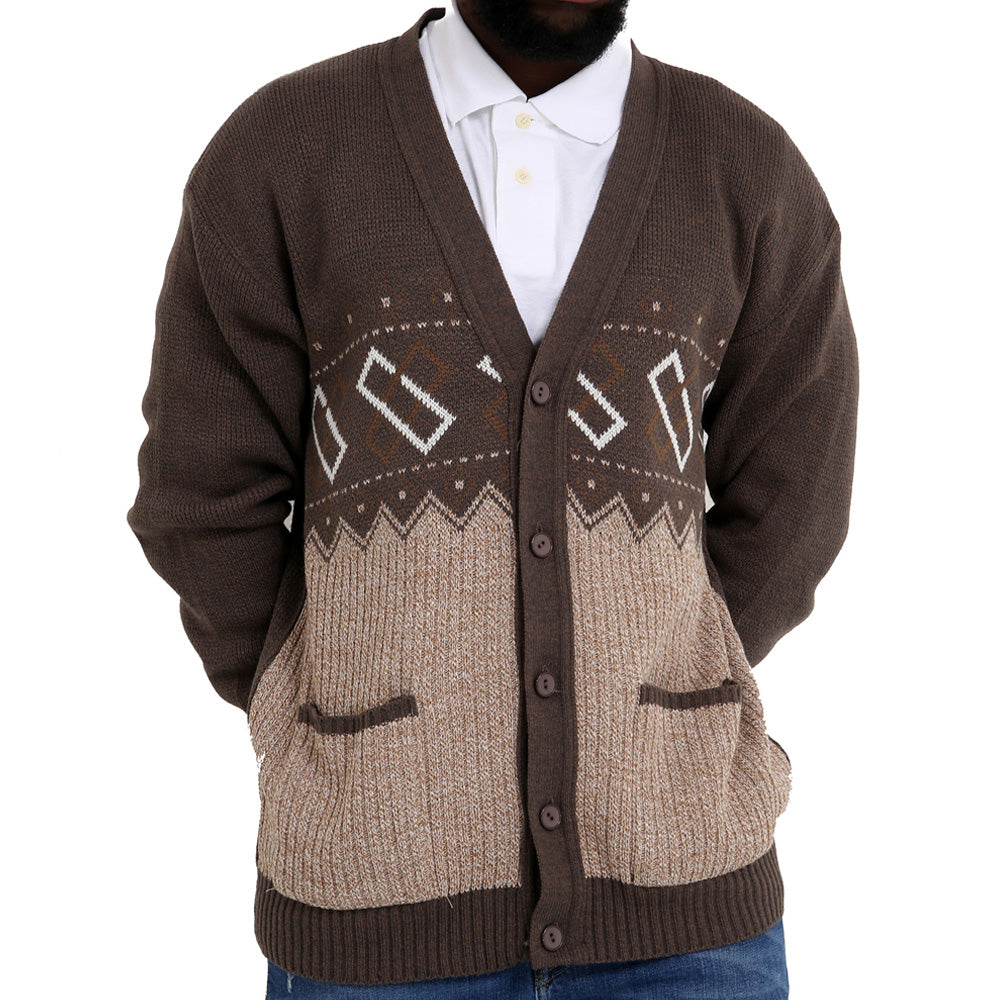 Louie James Rectangle Pattern Button Cardigan - Brown - Brooklyndirect