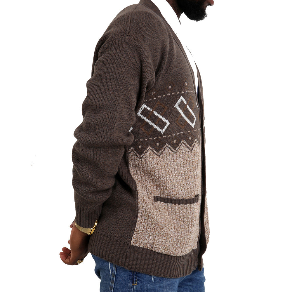 Louie James Rectangle Pattern Button Cardigan - Brown - Brooklyndirect