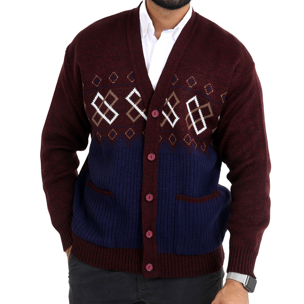 Louie James Rectangle Pattern Button Cardigan - Burgundy - Brooklyndirect
