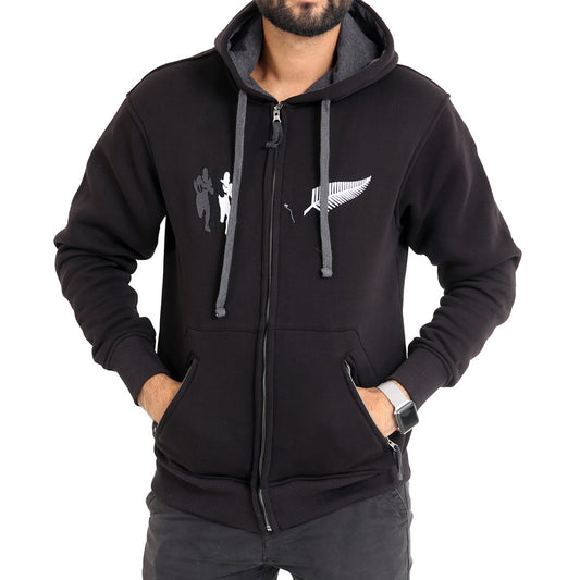 Mens Zip Fasten Rugby Hoodie With Embroidered Team Logo All Blacks - Brooklyn Direct UK