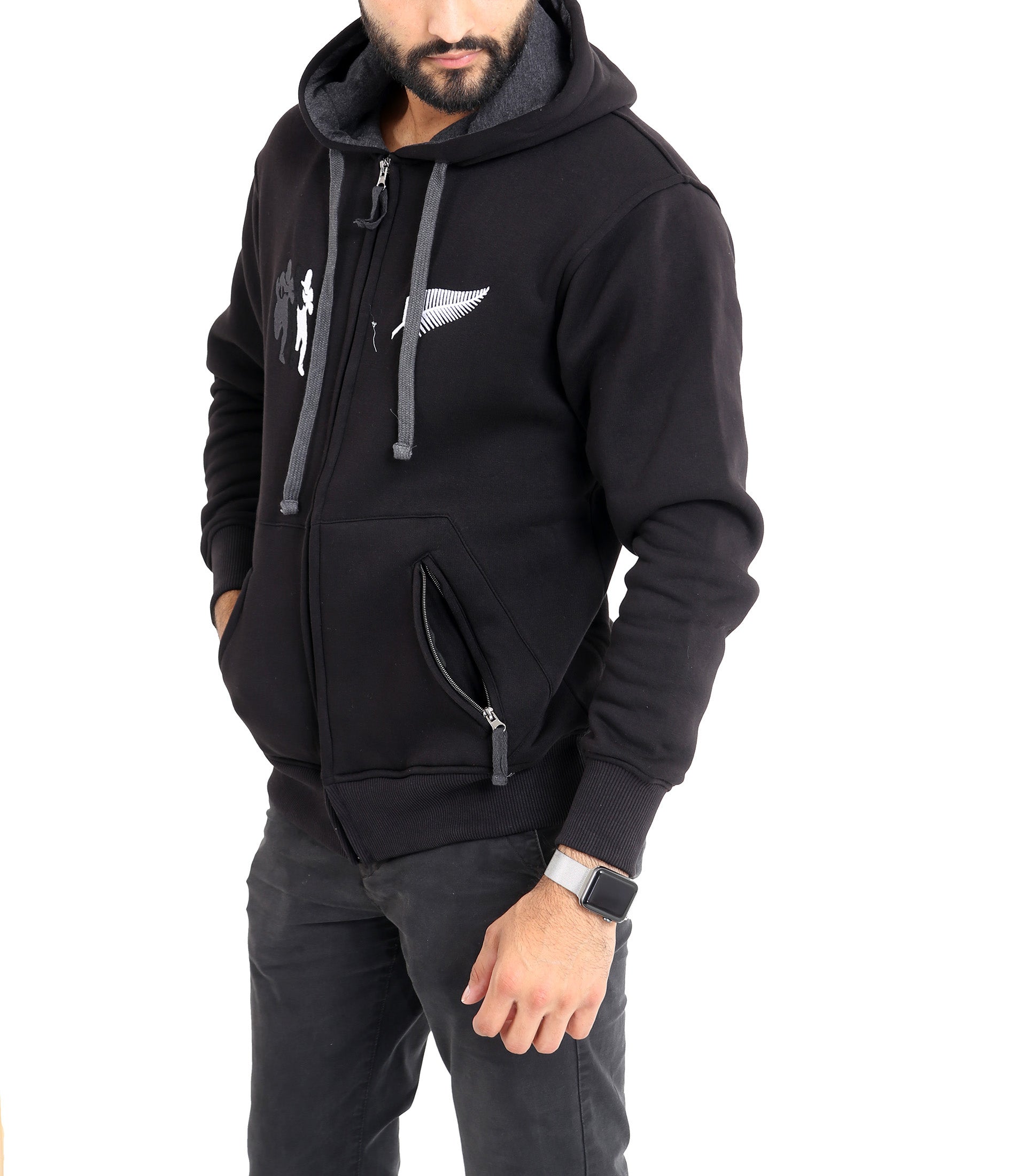 Mens Zip Fasten Rugby Hoodie With Embroidered Team Logo All Blacks - Brooklyn Direct UK