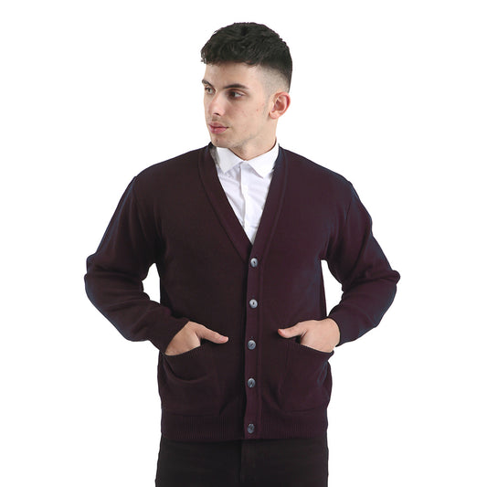 Mens Classic Button Up Cardigan In Burgundy Colour - Brooklyn Direct UK