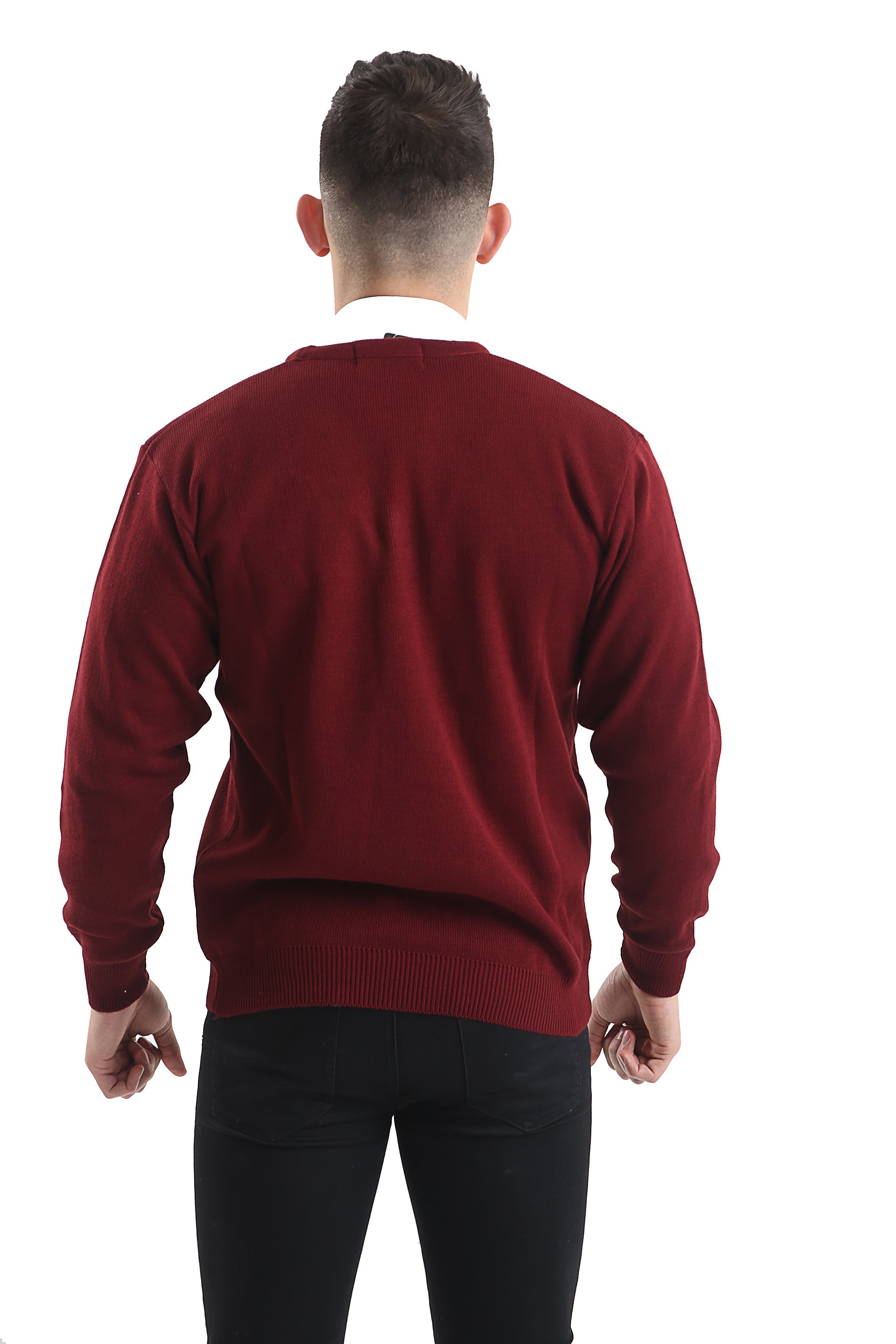 Mens Classic Long Sleeve V-Neck Jumper In Burgundy - Brooklyn Direct UK