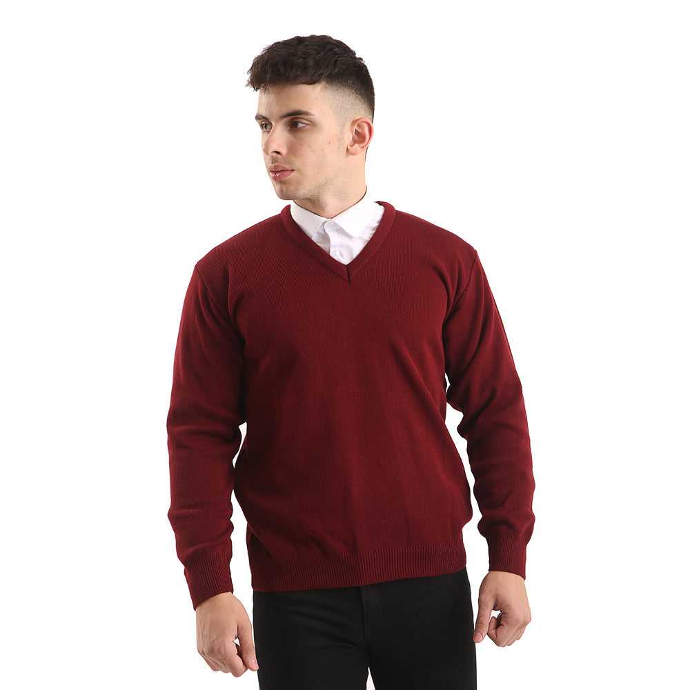 Mens Classic Long Sleeve V-Neck Jumper In Burgundy - Brooklyn Direct UK