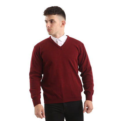 Mens Classic Long Sleeve V-Neck Jumper In Burgundy - Brooklyn Direct UK