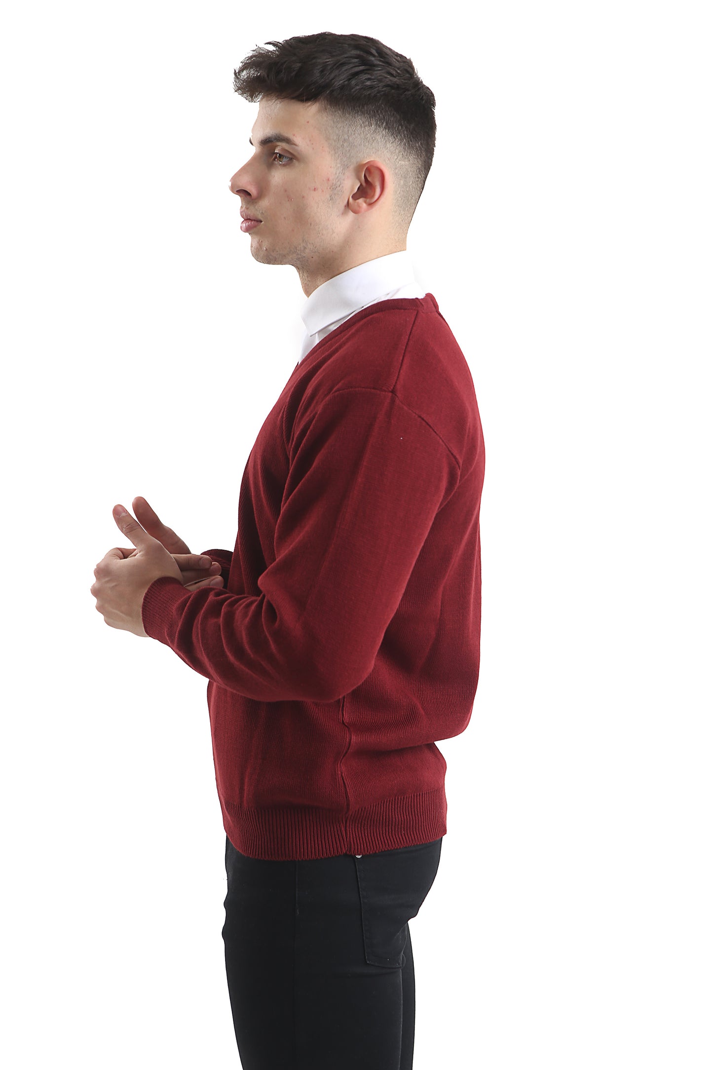 Mens Classic Long Sleeve V-Neck Jumper In Burgundy - Brooklyn Direct UK