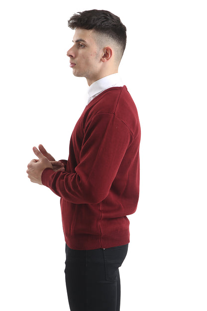 Mens Classic Long Sleeve V-Neck Jumper In Burgundy - Brooklyn Direct UK