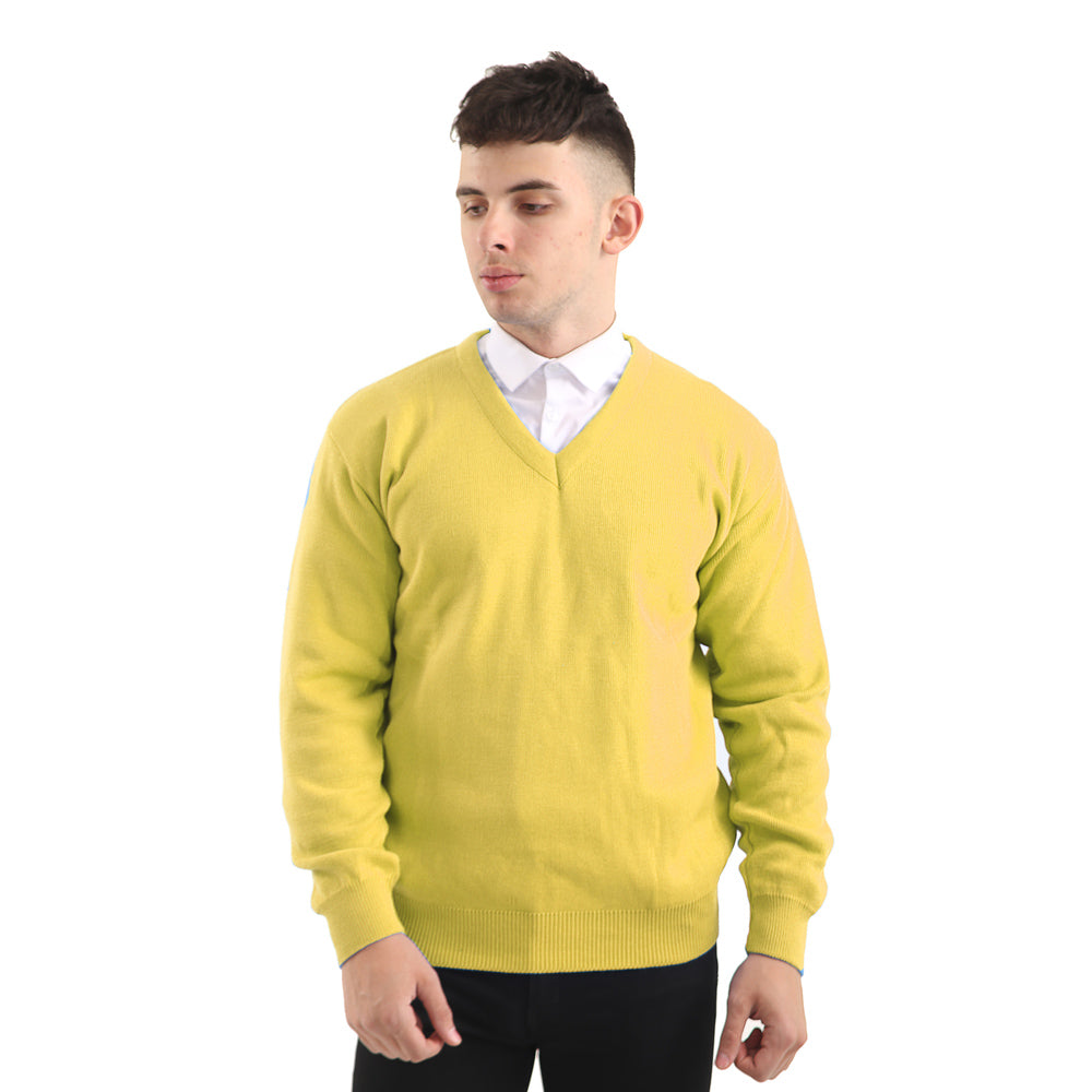 Mens Classic Long Sleeve V-Neck Jumper In Lemon Yellow - Brooklyn Direct UK