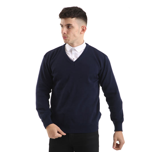 Mens Classic Long Sleeve V-Neck Jumper In Navy Blue - Brooklyn Direct UK