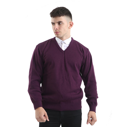 Mens Classic Long Sleeve V-Neck Jumper In Purple - Brooklyn Direct UK