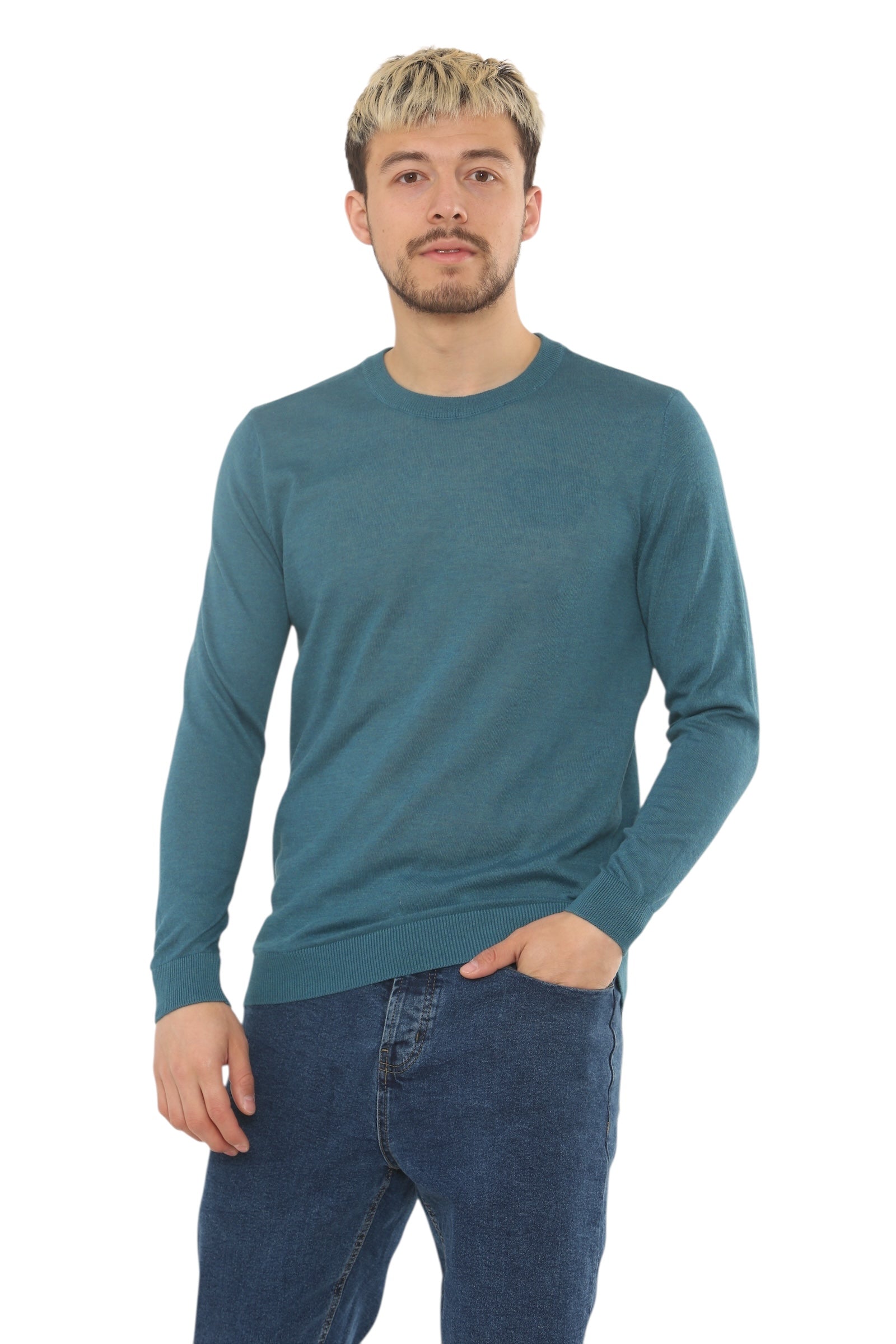 Mens Lightweight Round Neck Jumper Classic Fit - Blue - Brooklyndirect