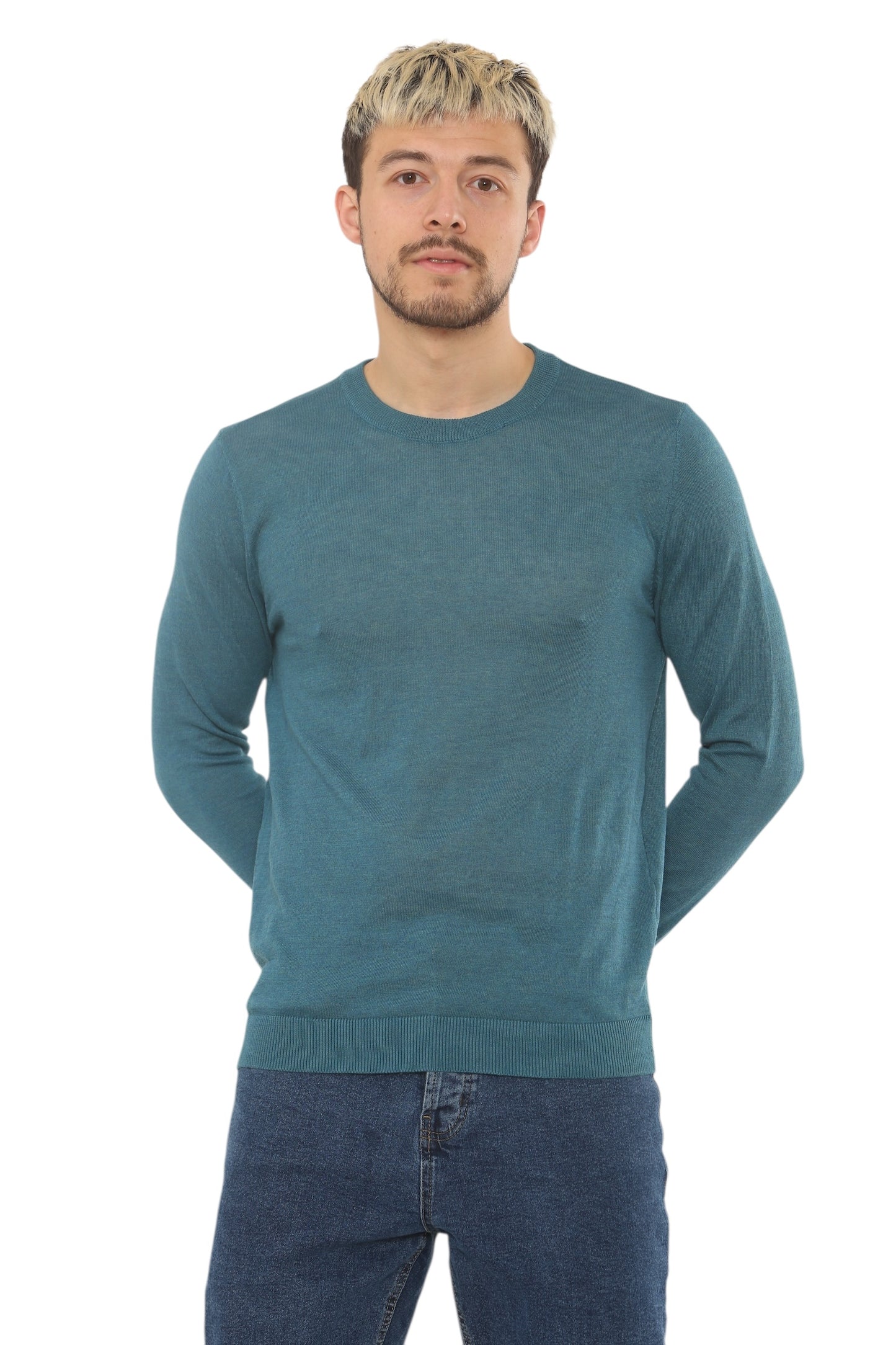 Mens Lightweight Round Neck Jumper Classic Fit - Blue - Brooklyndirect