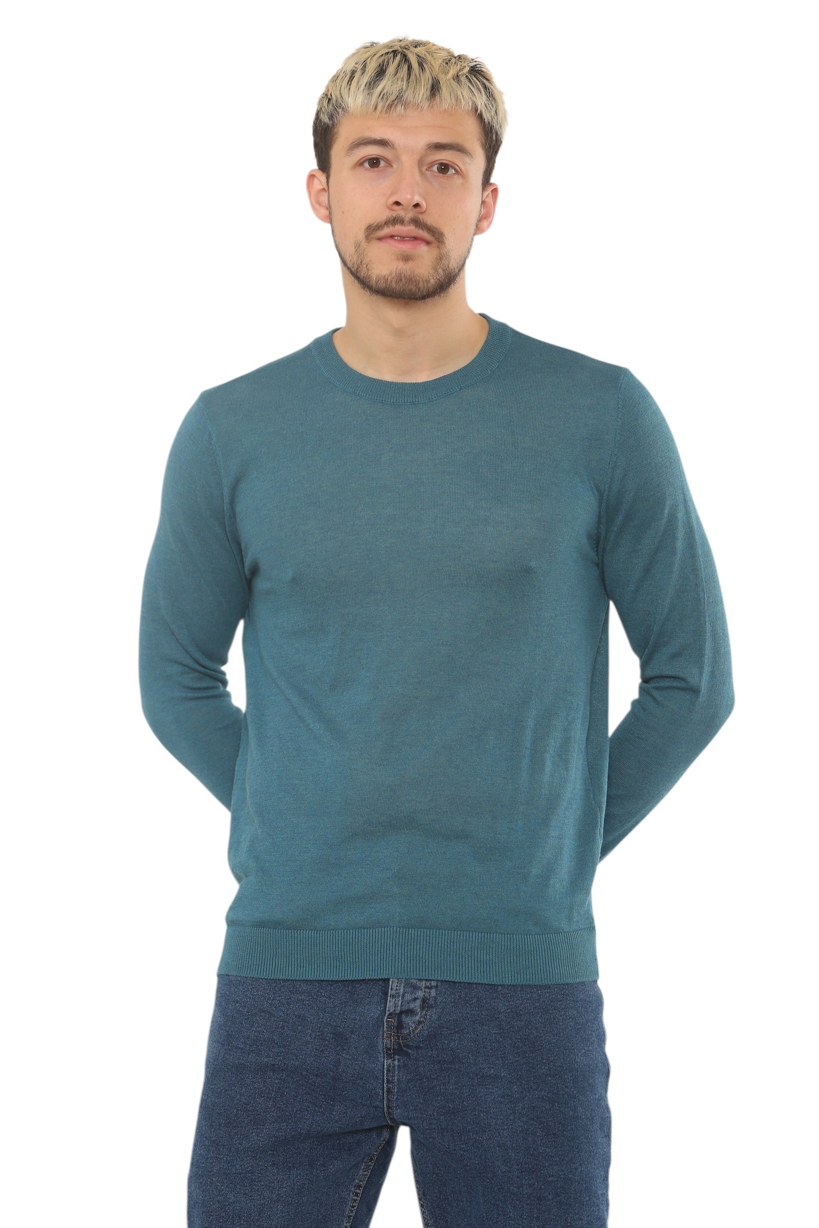 Mens Lightweight Round Neck Jumper Classic Fit - Blue - Brooklyndirect
