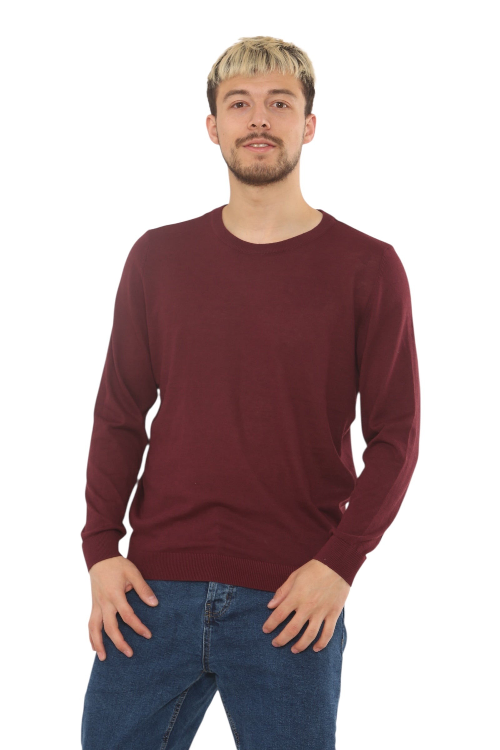 Mens Lightweight Round Neck Jumper Classic Fit - Burgundy - Brooklyndirect
