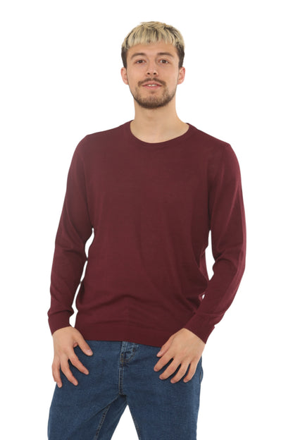 Mens Lightweight Round Neck Jumper Classic Fit - Burgundy - Brooklyndirect