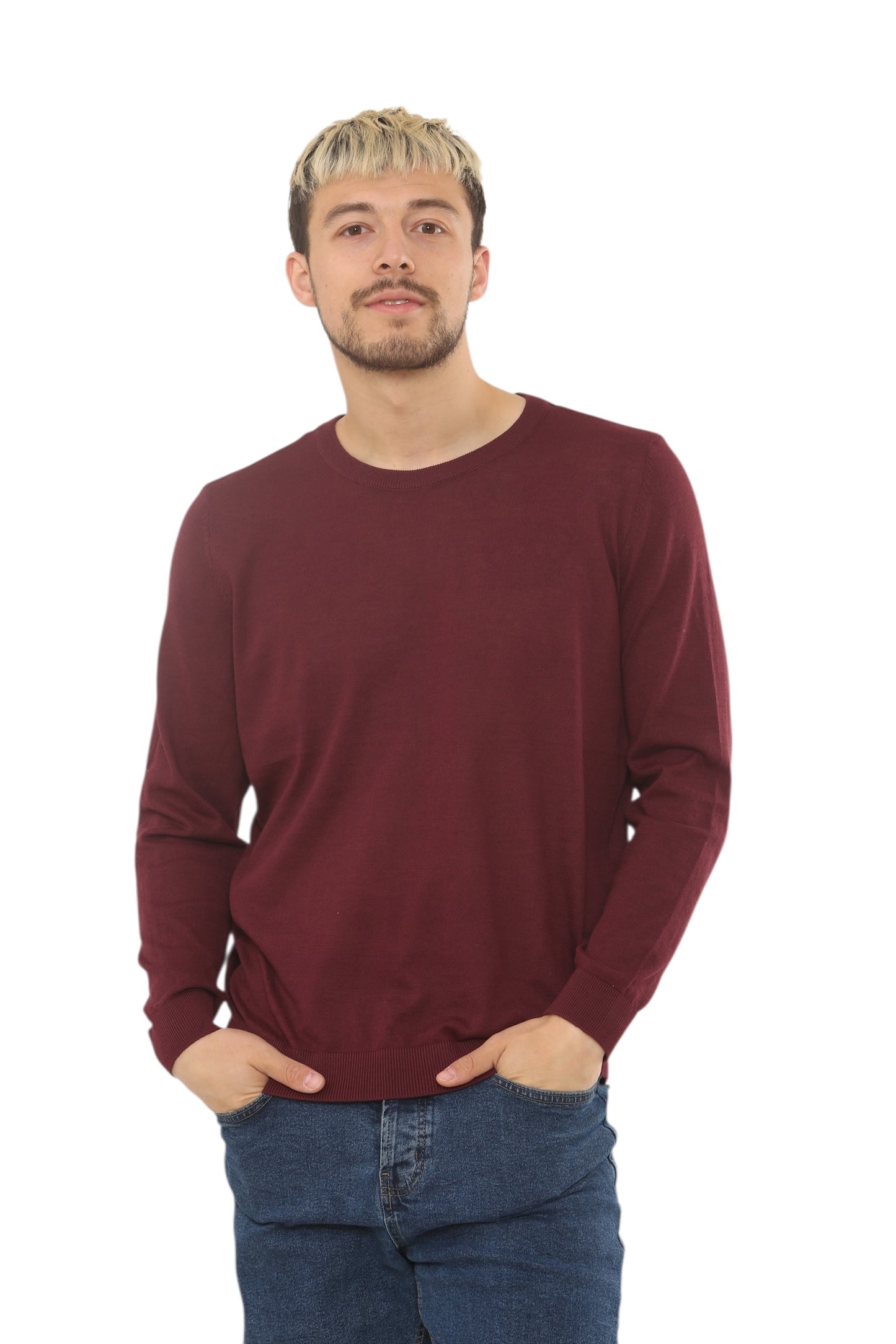 Mens Lightweight Round Neck Jumper Classic Fit - Burgundy - Brooklyndirect