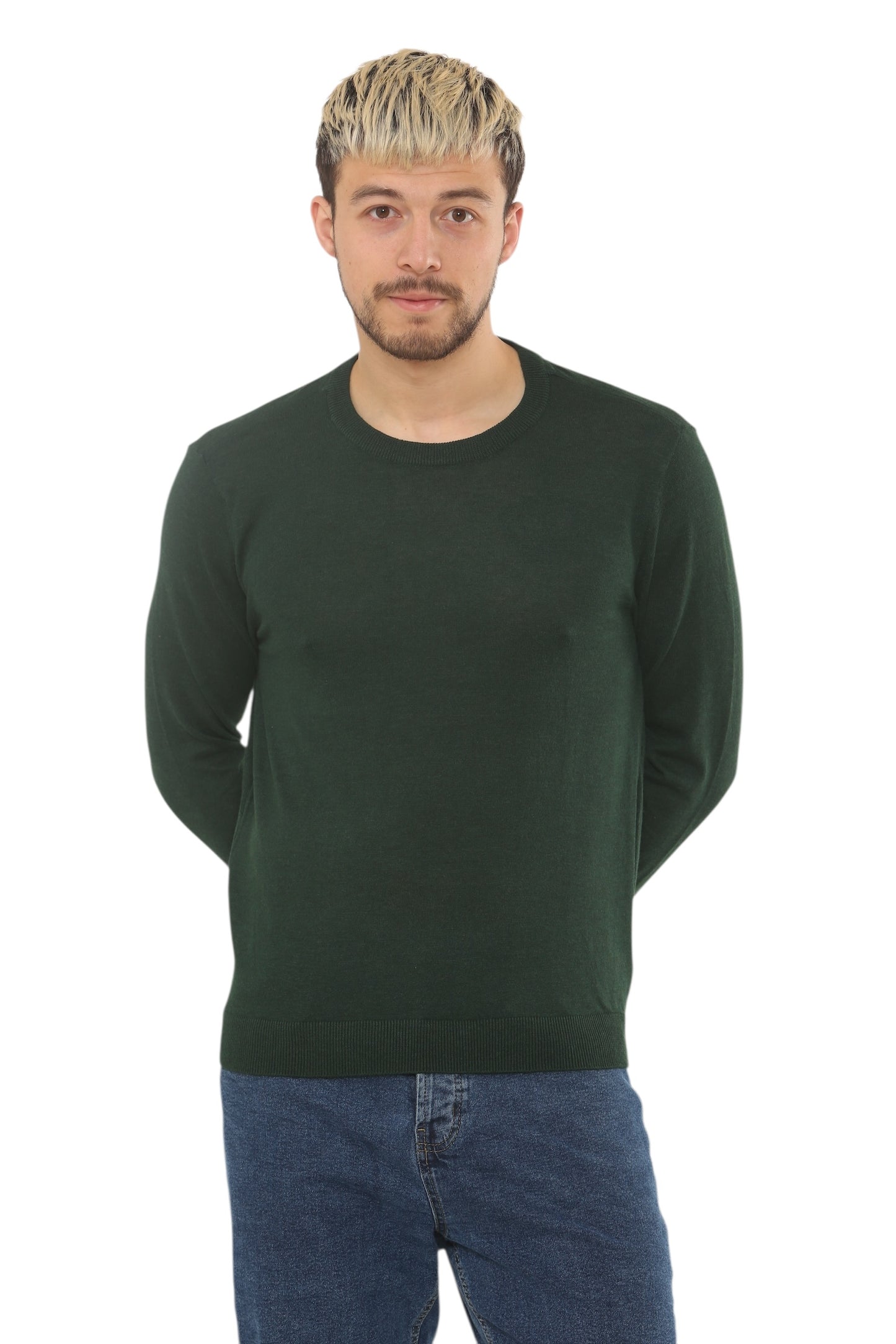 Mens Lightweight Round Neck Jumper Classic Fit - Green - Brooklyndirect