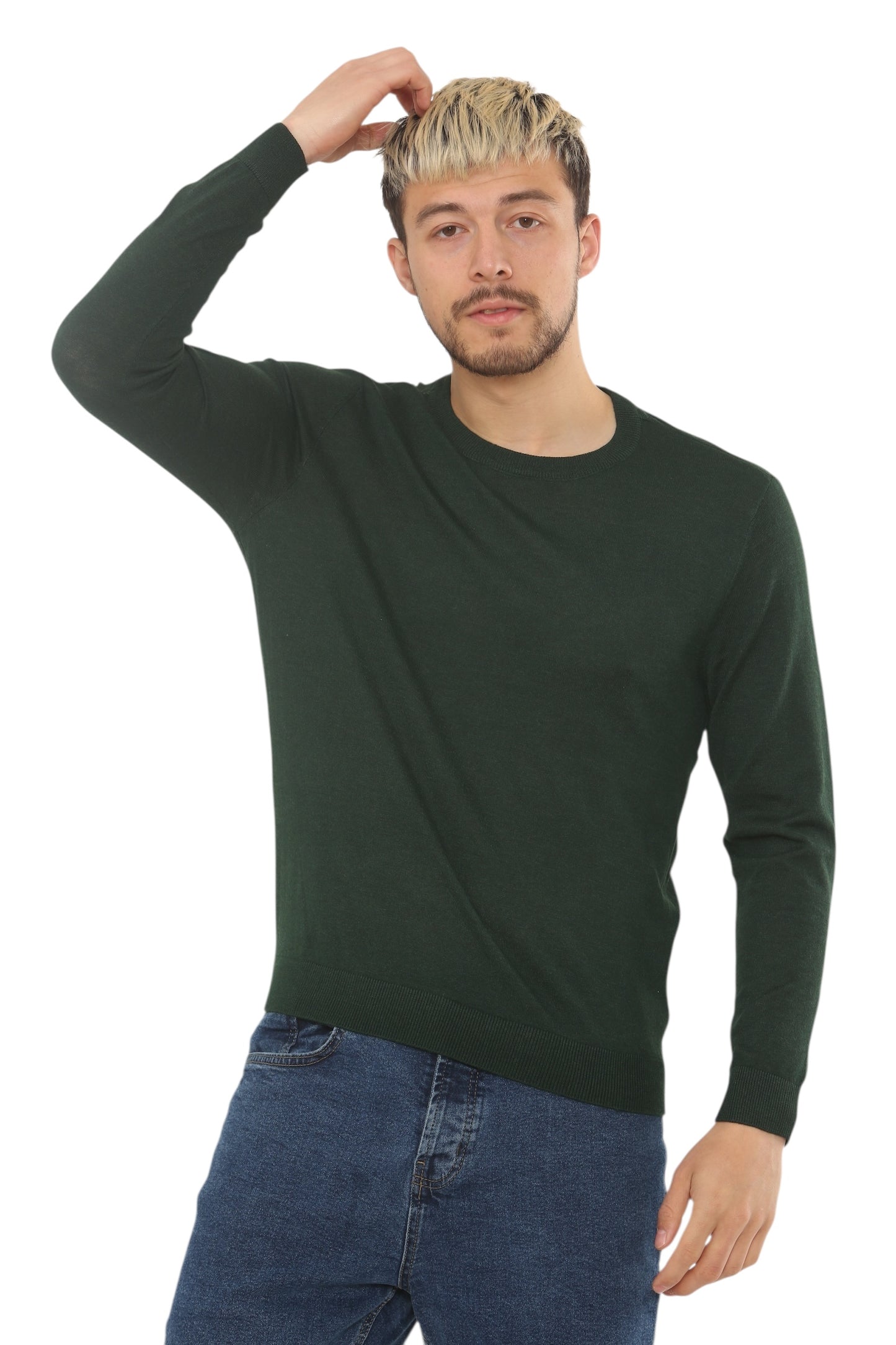 Mens Lightweight Round Neck Jumper Classic Fit - Green - Brooklyndirect