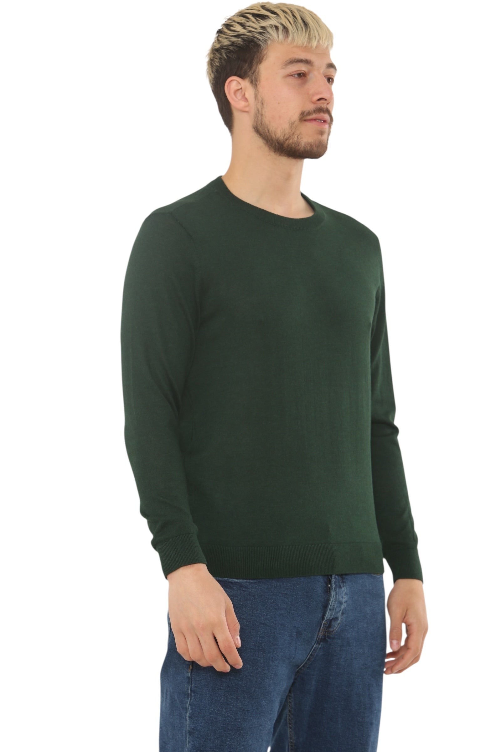 Mens Lightweight Round Neck Jumper Classic Fit - Green - Brooklyndirect
