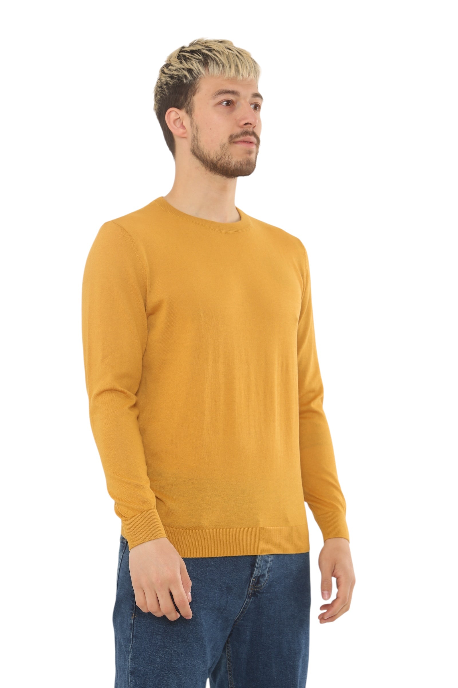 Mens Lightweight Round Neck Jumper Classic Fit - Mustard - Brooklyndirect