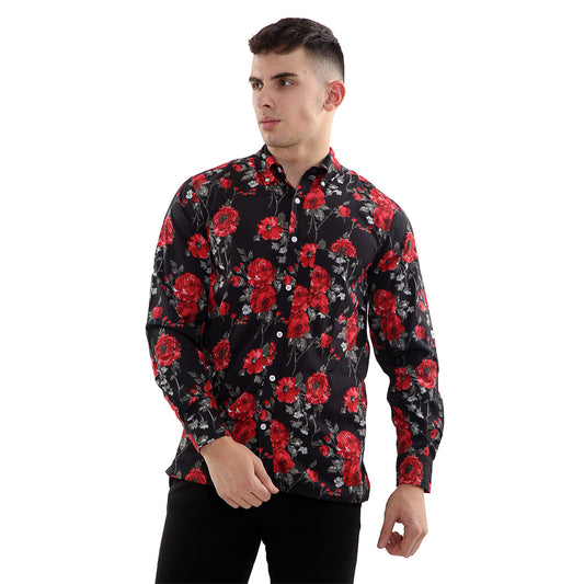 Rose Printed Long Sleeve Button Down Shirt With Floral Pattern