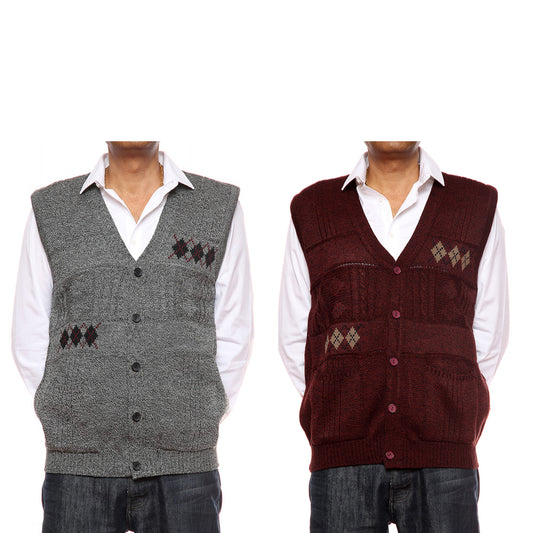 Mens Classic Style Sleeveless Cardigan In Grey And Burgundy - Brooklyn Direct UK