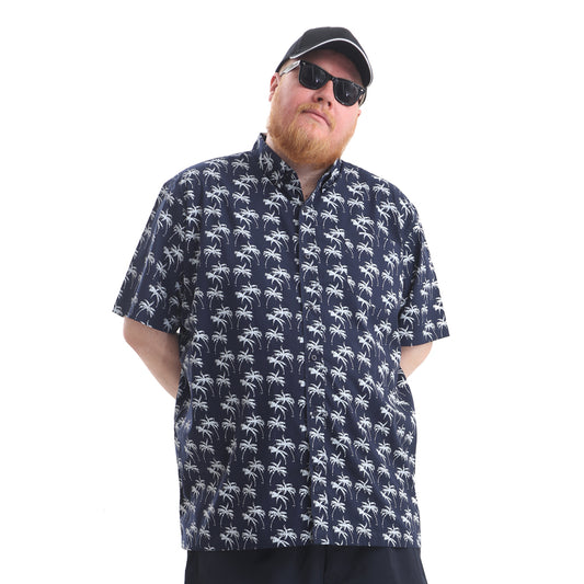 Mens Big Size Hawaiian Shirt Small Palms Navy - Brooklyn Direct UK