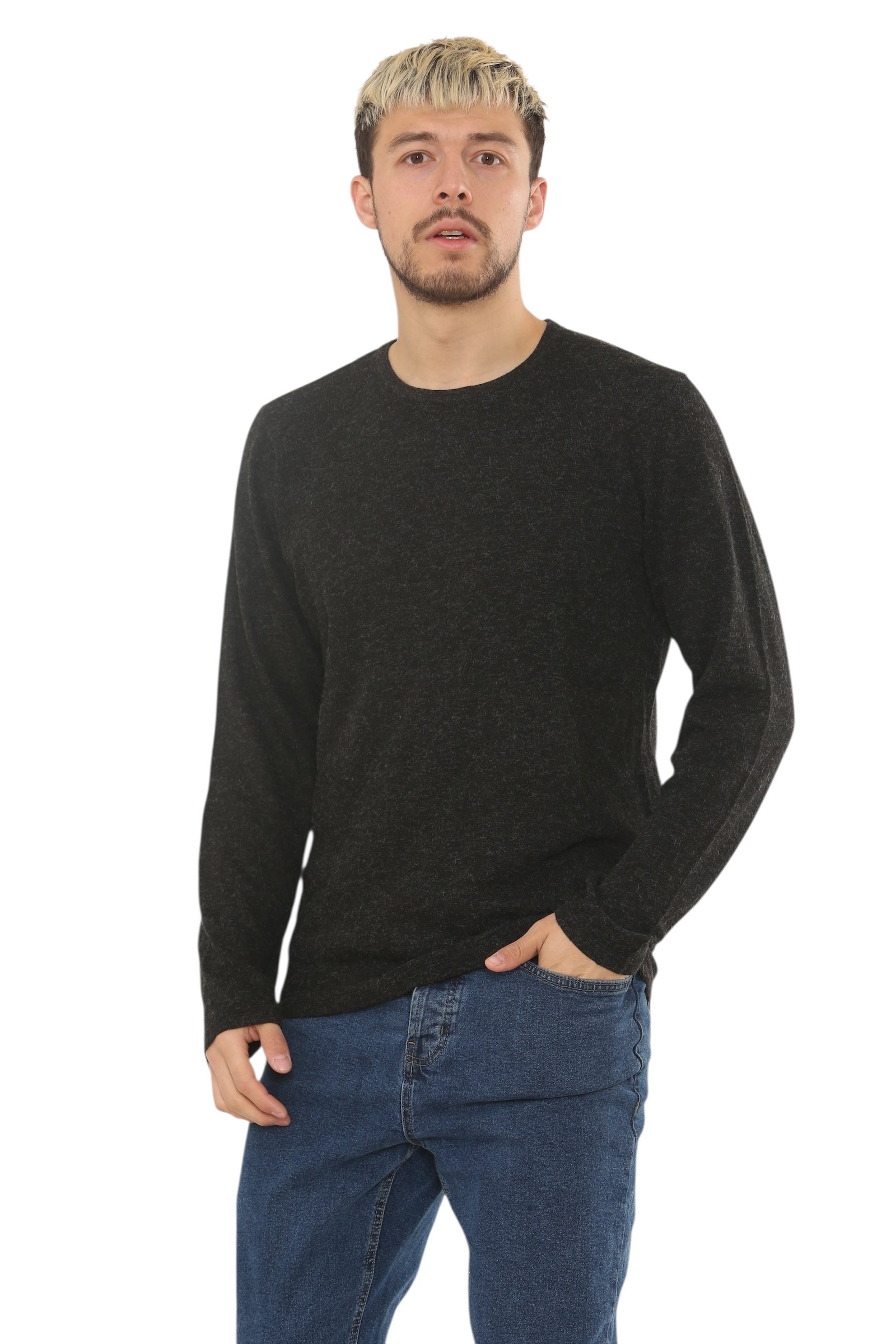 Mens Lightweight Round Neck Jumper Classic Fit - Black - Brooklyndirect