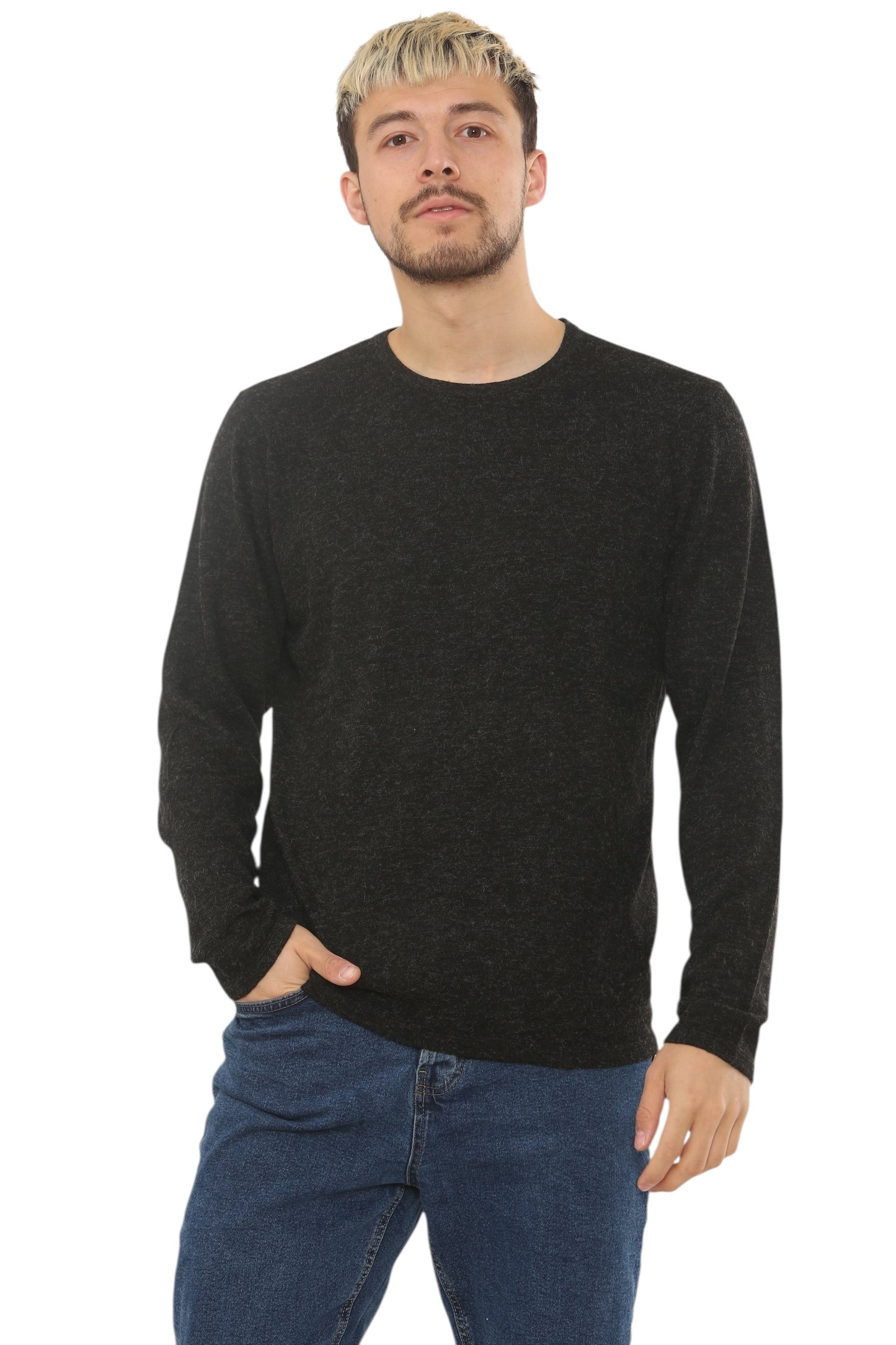 Mens Lightweight Round Neck Jumper Classic Fit - Black - Brooklyndirect