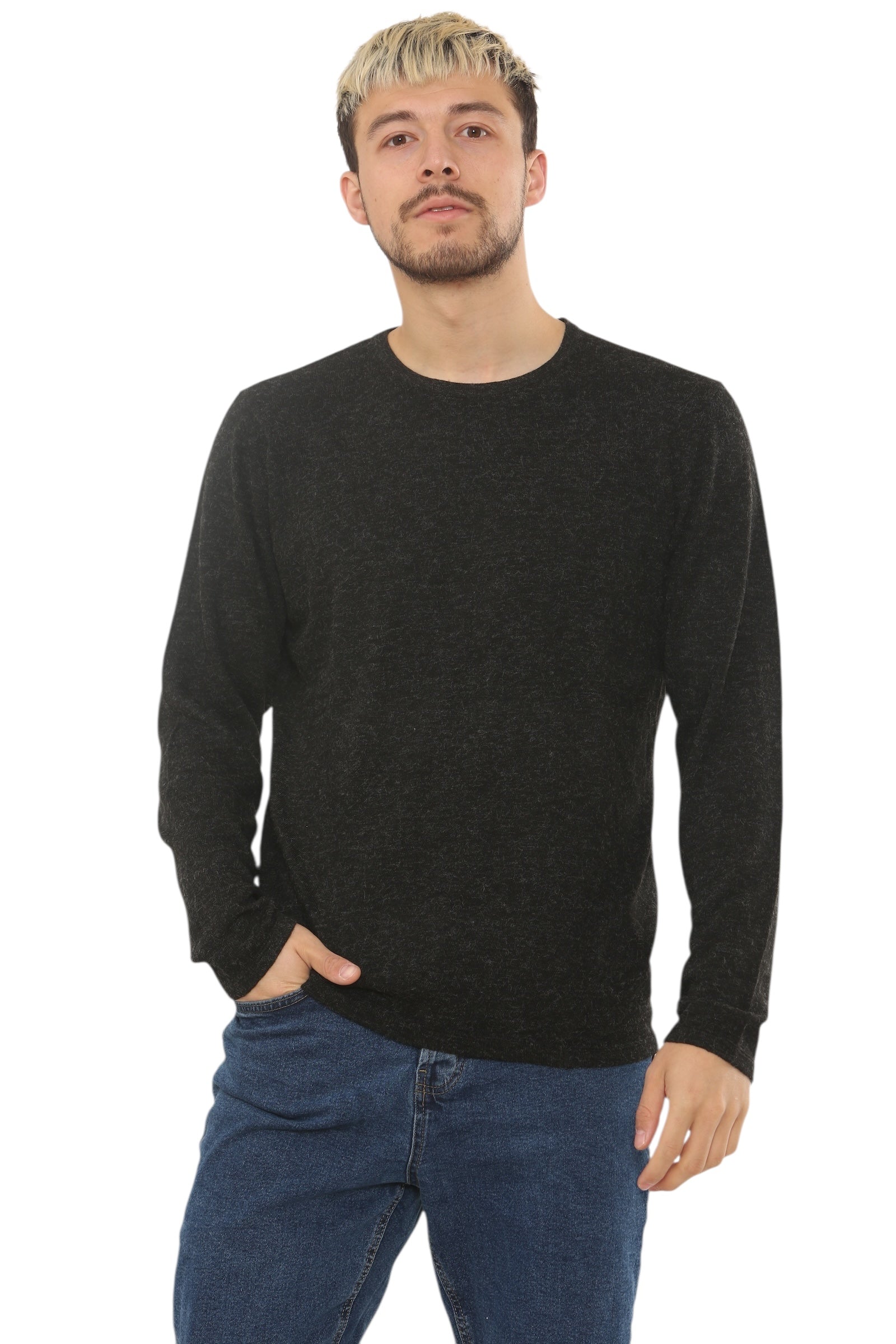 Mens Lightweight Round Neck Jumper Classic Fit - Black - Brooklyndirect