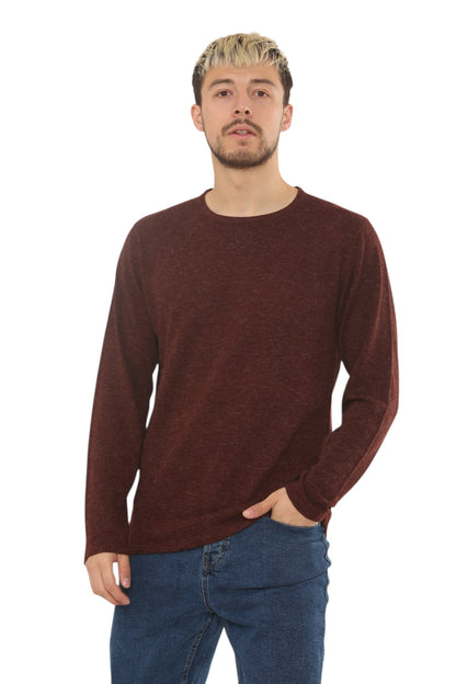 Mens Lightweight Round Neck Jumper Classic Fit - Burgundy/Brown - Brooklyndirect
