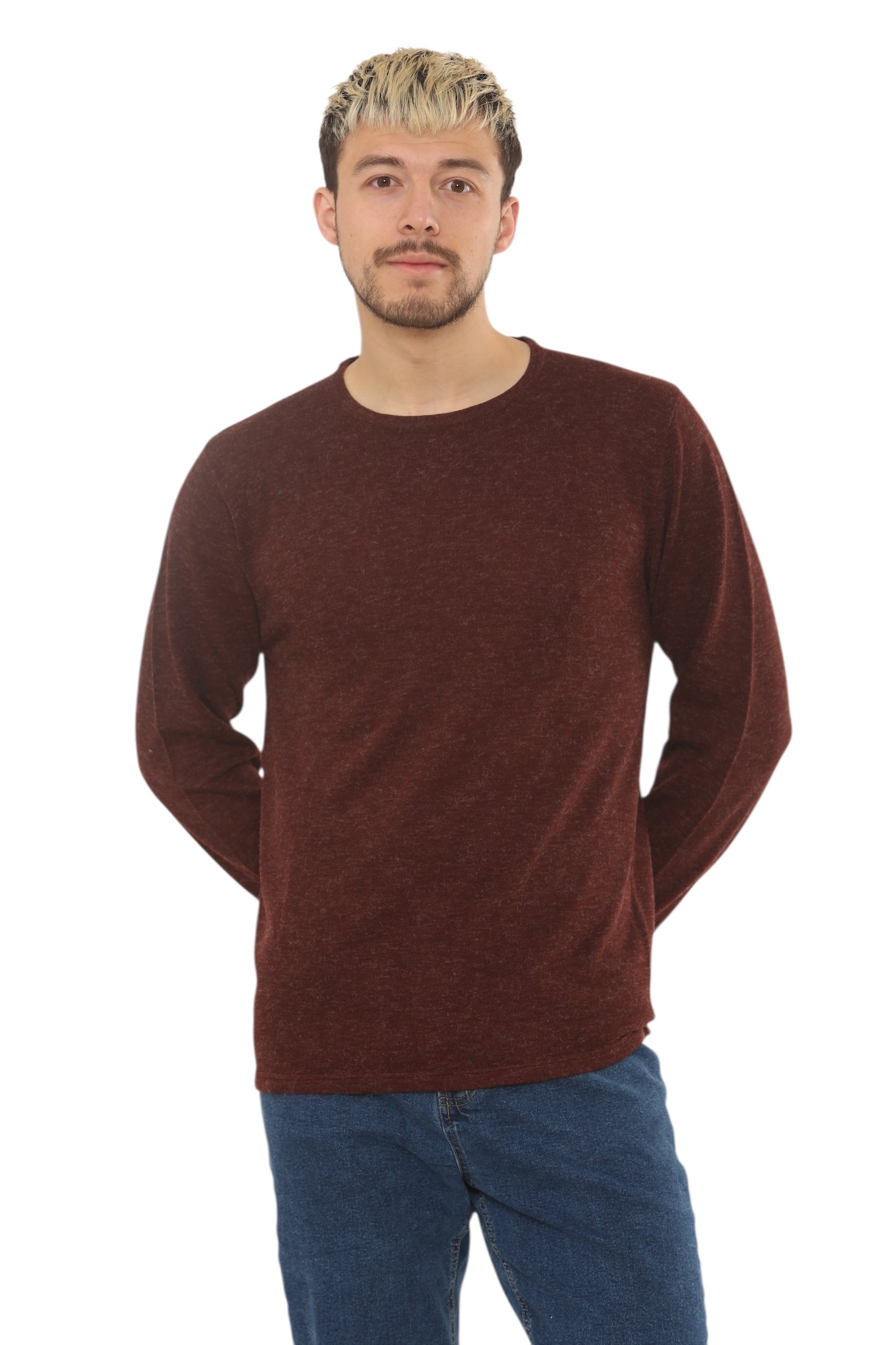 Mens Lightweight Round Neck Jumper Classic Fit - Burgundy/Brown - Brooklyndirect
