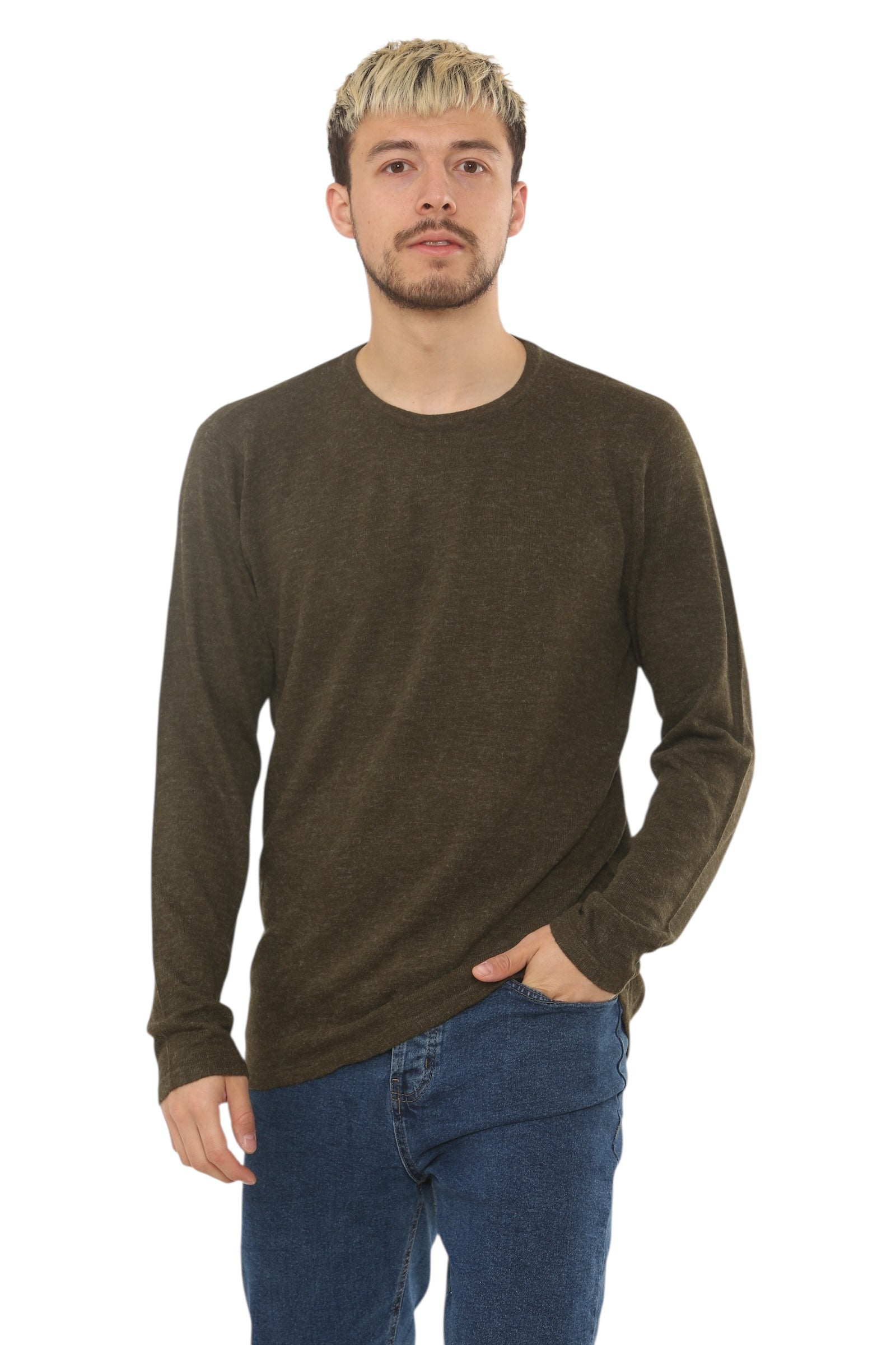 Mens Lightweight Round Neck Jumper Classic Fit - Olive - Brooklyndirect