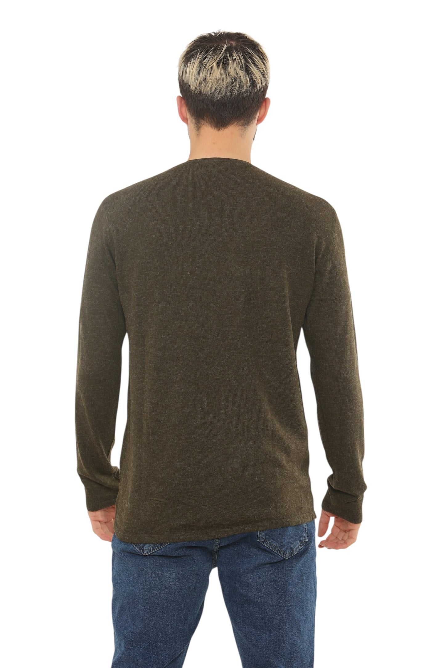 Mens Lightweight Round Neck Jumper Classic Fit - Olive - Brooklyndirect