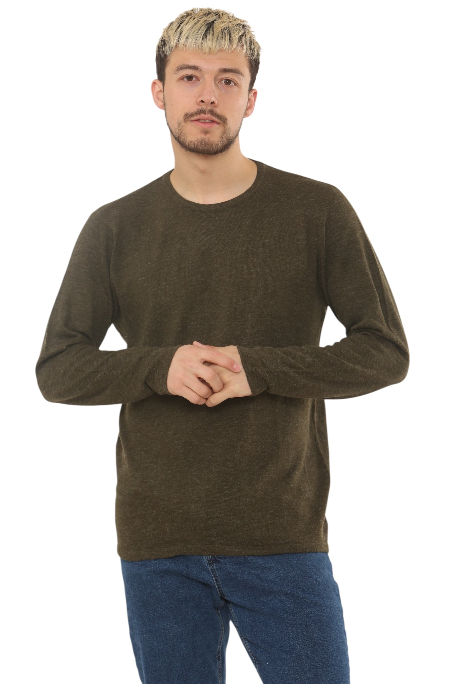 Mens Lightweight Round Neck Jumper Classic Fit - Olive - Brooklyndirect